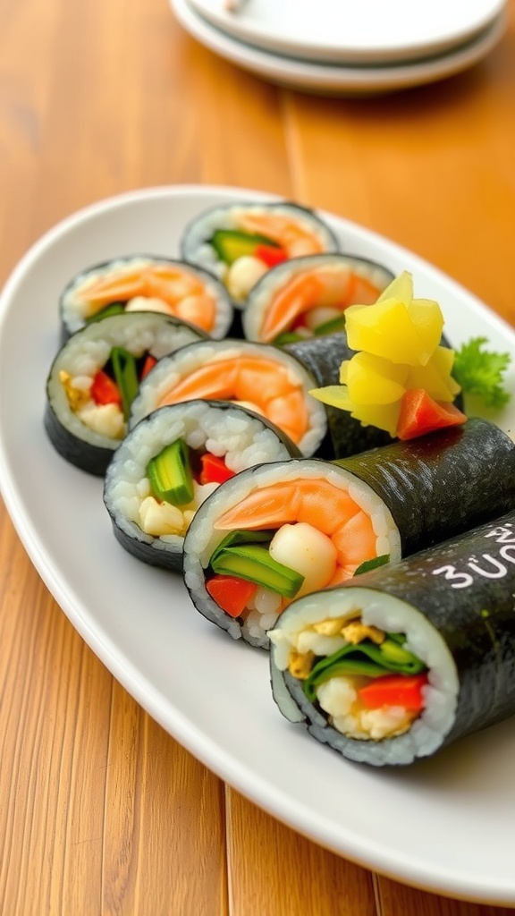 Sliced homemade sushi rolls with vegetables and shrimp on a wooden table with ginger and wasabi.